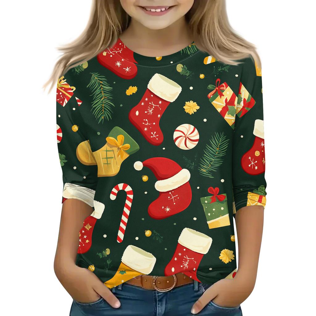 Christmas Day Print Tops For Youth Girls 4-11 Years Round Neck 3/4 Sleeves T-Shirts Trendy Tops Outfit Tees