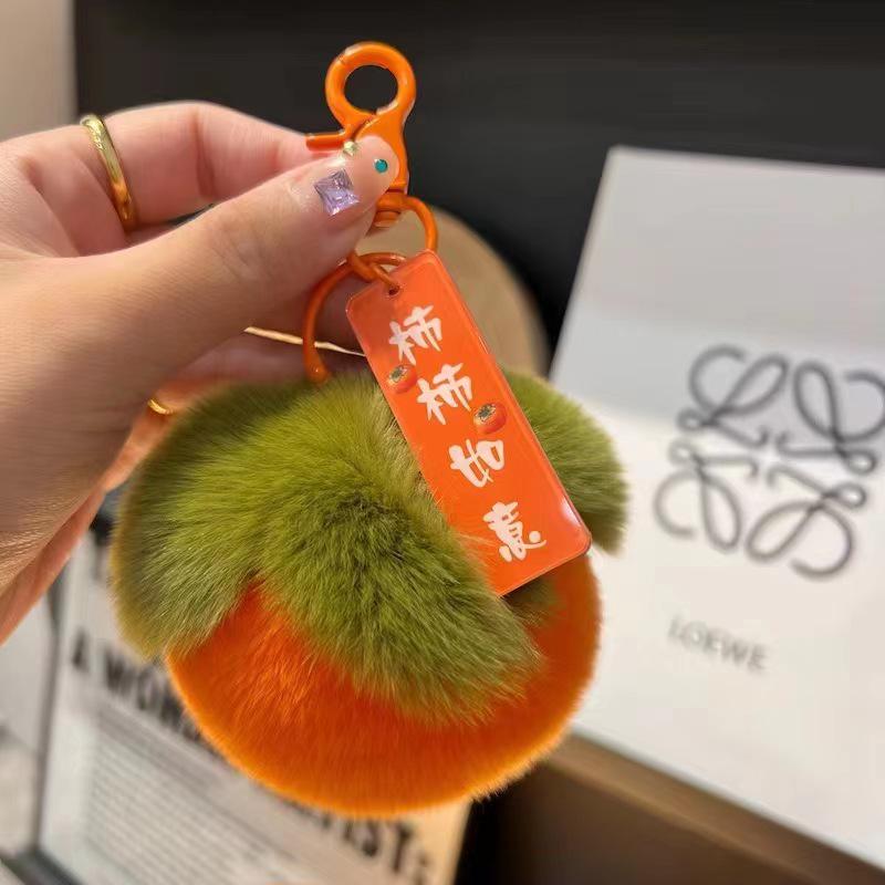 Persimmon Rex Rabbit Fur Keychain Pendant - Plush Good Luck Bag Charm for Couples