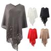 Women Autumn Cape Knitting Tassel Hollow Out Bohemian Solid Color Loose V Neck Irregular Plus Size Hem Shawl Fall Poncho