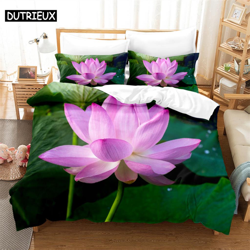 Розовый лотос Королевский комплект постельного белья Зеленый пододеяльник Детское постельное белье Цифровая печать Постельное белье Пододеяльник King Size Комплект постельного белья