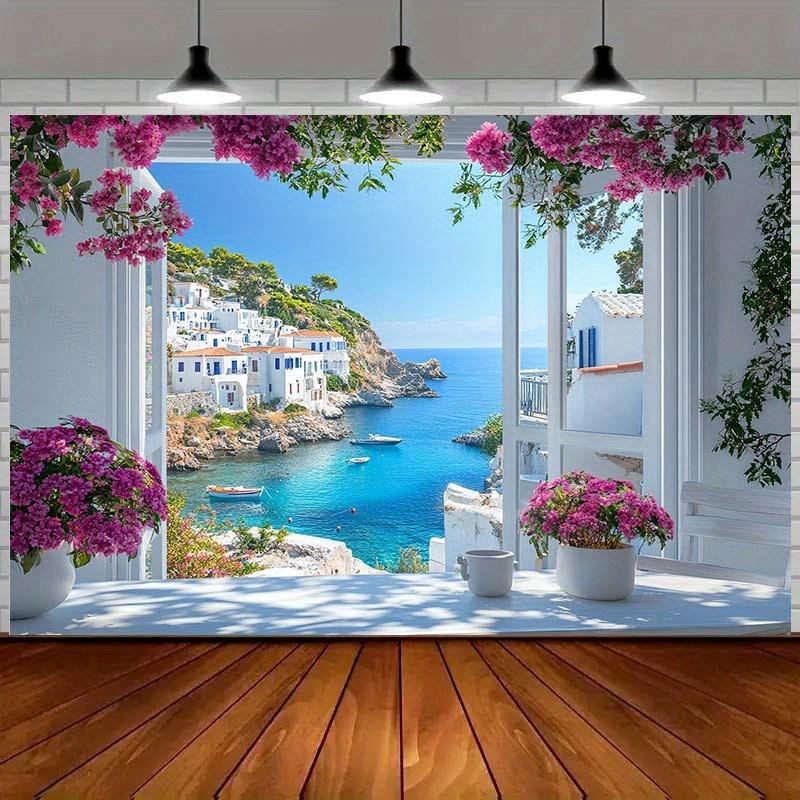 1 Баннер со средиземноморским побережьем, украшенный яркими девятислойными цветами кудзу, синим океаном и расписным архитектурным дизайном