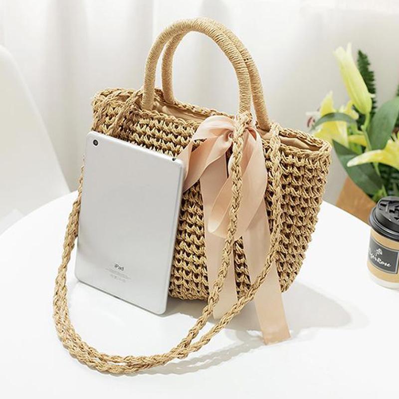 New Arrive Handmade Straw Bags Ribbons Bowknot Beach Knitting Handbags Tote Shoulder Bag