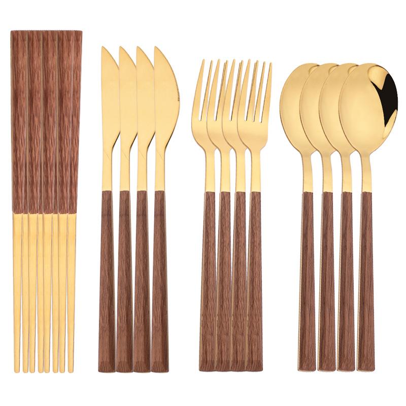 4/12/16Pcs Cutlery Set Chopsticks Knives Forks Spoons Tableware Set with Imitation Wooden Handle Korean Japanese Dinnerware Set