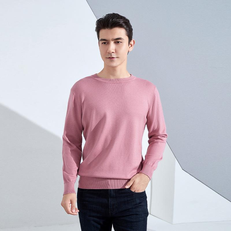 Осень и Зима Мужской Трикотажный Свитер с Круглым Вырезом, Свободный, Утепленный Пуловер, Однотонный, с Длинным Рукавом, Короткий, Деловой, Базовый, Теплый Свитер