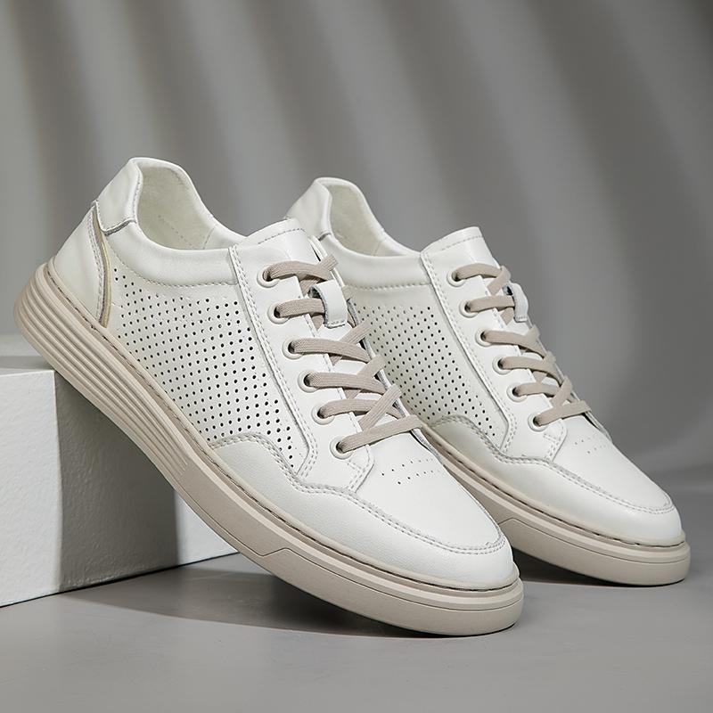 Fashion New Genuine Leather Casual Shoes For Men Basic Comfy Walking Sneakers Soft Comfy Lace-up Breathable Solid Skateboard Men's Shoes