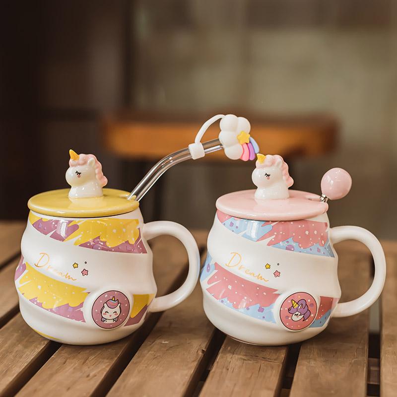 Unicorn Ceramic Mug Cute Girls Gift Water Cup with Lid and Spoon Home Office Breakfast Coffee Cups