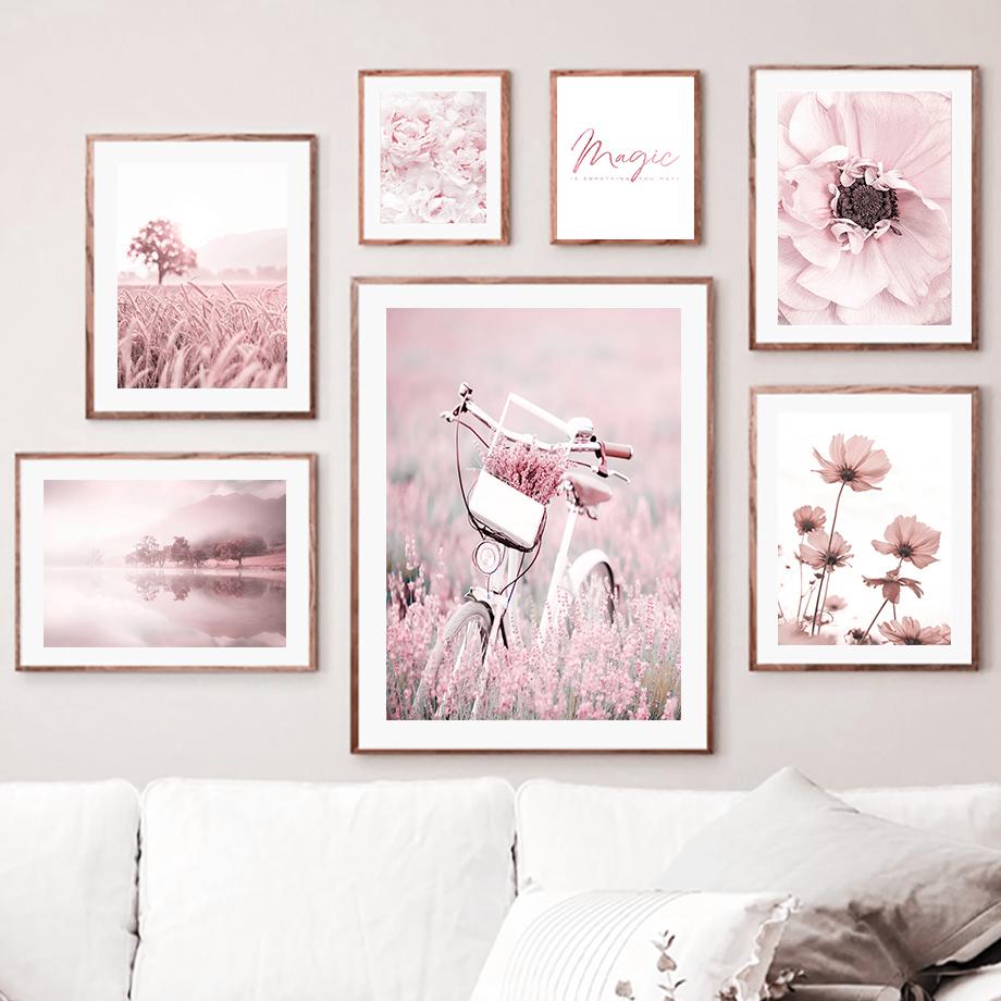 Розовый пион, озеро, велосипед, дерево, восход солнца, цветочный настенный художественный холст, картина, плакаты на скандинавскую тему и принты, настенные панно для декора гостиной