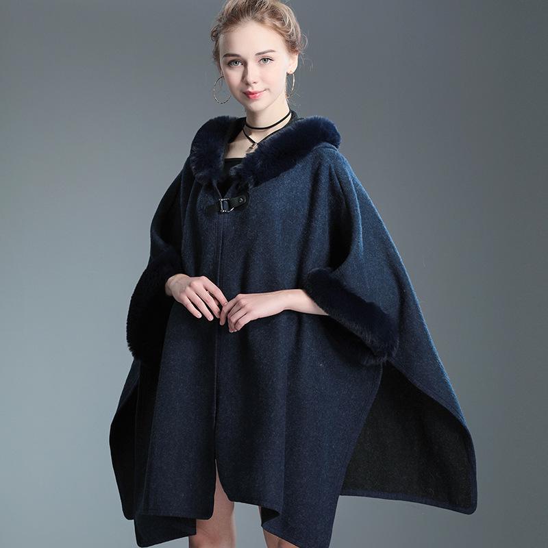 Autumn Winter Hooded Shawl Cape Imitation Wool Woolen Loose Ponchos Capes Cloak
