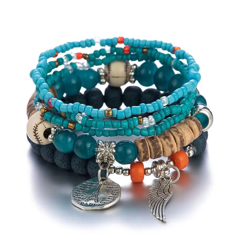 5Pcs Bohemian Colorful Rice Beads Bracelet Set For Women Eiffel Tower Wing Charm Elastic Bracelet Female Summer Vacation Jewelry