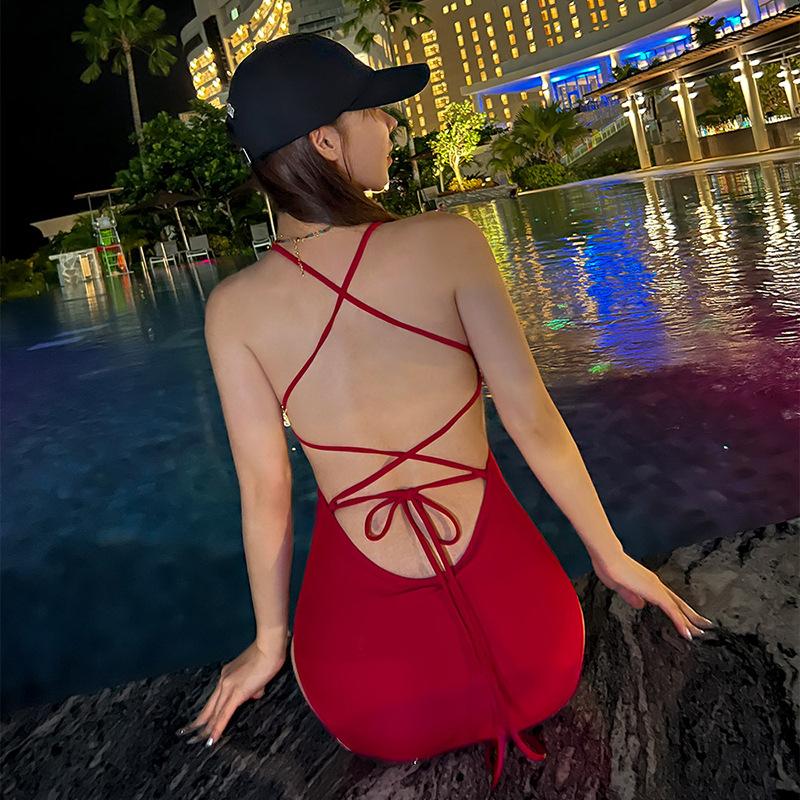 Nylon backless strap sexy one-piece swimsuit female vacation Internet celebrity Sanya seaside entity