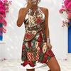 Women Plus Size Criss Cross Cutout Halter Neck Sleeveless Fitted Christmas Printed Dress
