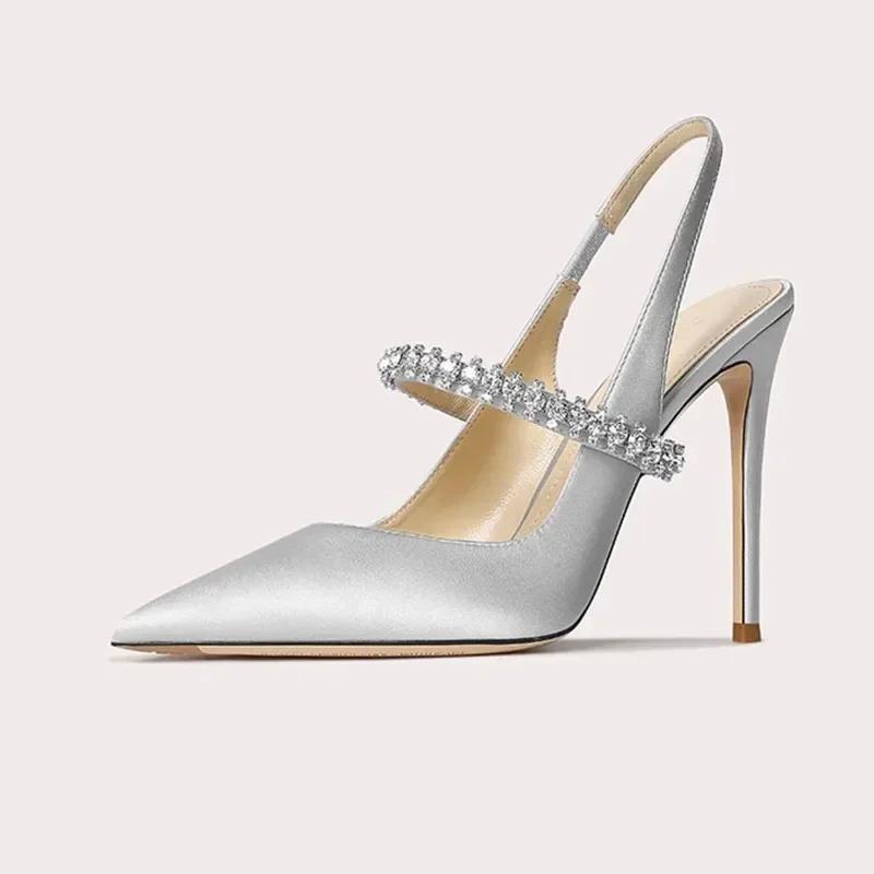 Fashion Women's Diamond Bao Head Sandals 2025 New Thin Heel Pointed Sheepskin Leather High Heels Women's Wedding Shoes Size 34-45