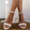 2024 New Block Heel Sandals Summer Wedding White Mid Heel Pearl String Open Toe Plus Size Strappy Sandals