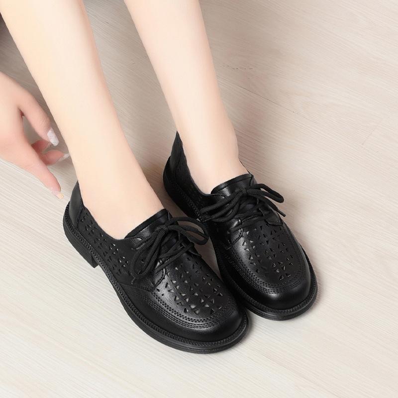 Летние одинарные туфли для женщин, мягкая подошва, полые кожаные туфли на шнуровке, женская обувь, удобные сандалии