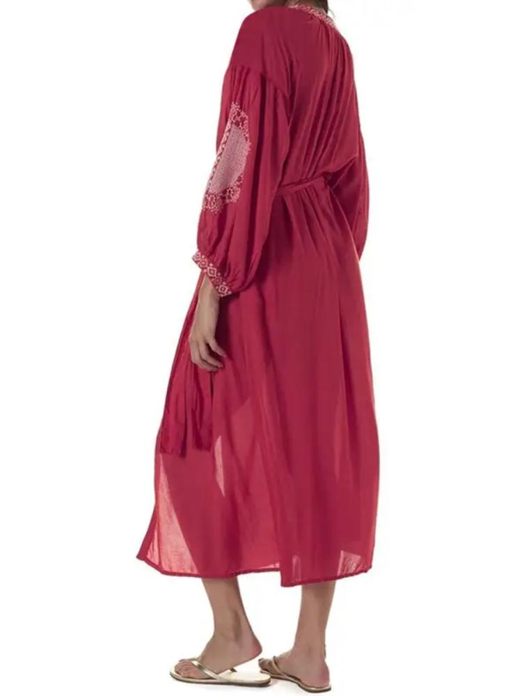 EDOLYNSA Red Bohemian Embroidered Front Open Long Sleeved Beach Dress LongTunic Women Plus Size Beachwear Swimsuit Cover Up Q1010