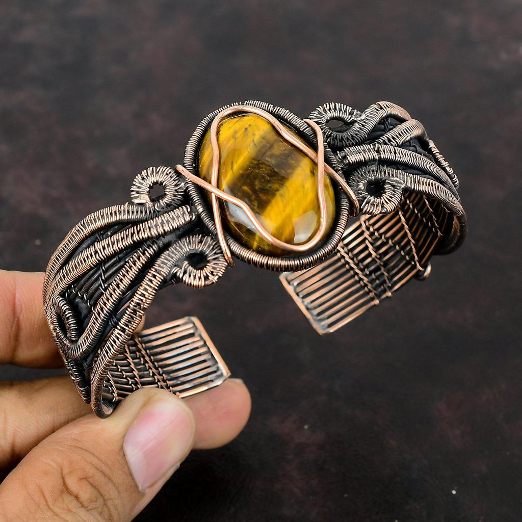 Браслет-манжета с тигровым глазом, браслет-манжета с драгоценным камнем, браслет из медной проволоки, регулируемый браслет-манжета, браслет ручной работы, свадебный подарок, медные украшения