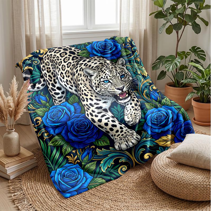 Leopard and Blue Roses 1 Theme blanket Lightweight Warm Flannel Blanket Decorative Throw Blanket for Home Decoration