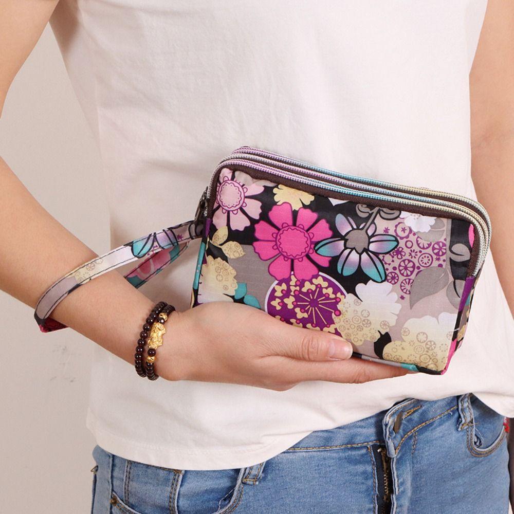 Waterproof Canvas Wallet Print Three Zippers Bags Simple Flower Coin Purse Ladies