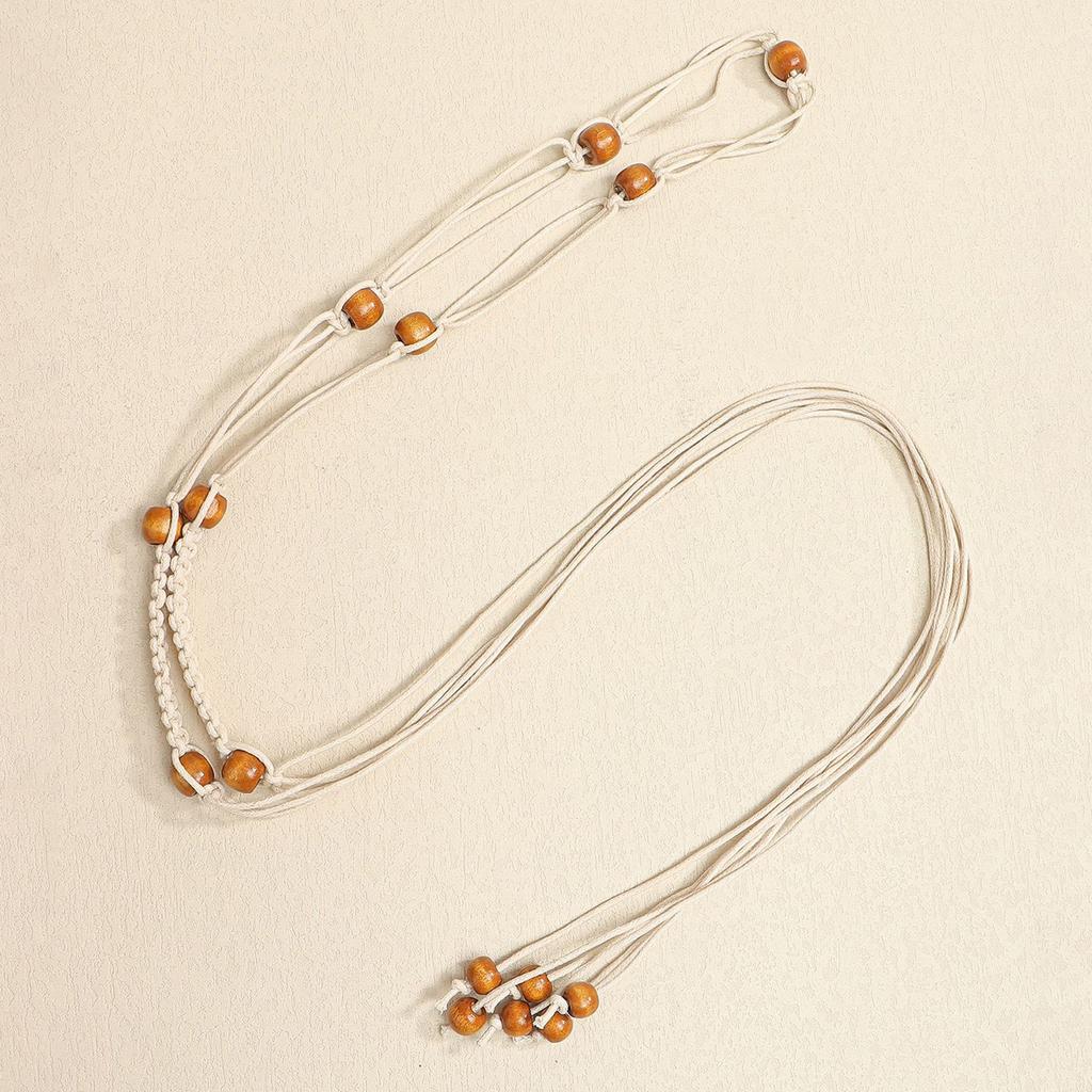 Bohemian Braided Waist Belt Decorative Waist Chain for Women Adjustable Cotton Thread Belt with Wood Beads
