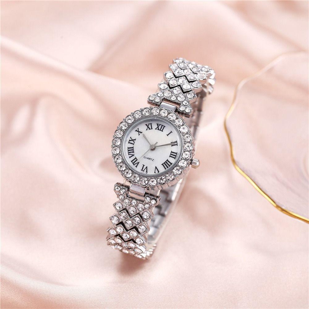 Luxury Women's Wristwatch Silver Watch Bracelet Set Trendy Rhinestone Quartz Watches Festival Gift