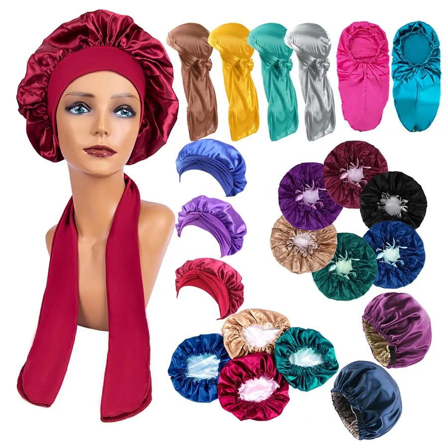 SL Custom logo Designer Bonnets Double Layer Hair Bonnet Silk Pillow case and Bonnet Set