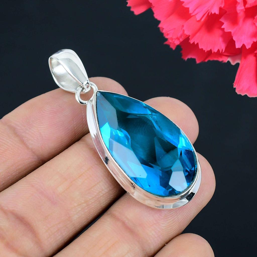 Подвеска из драгоценного камня с синим топазом, твердая подвеска из стерлингового серебра 925 пробы, ювелирный подарок для унисекс