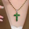 2023 Imitation Jade & Diamond Cross Pendant Necklace, Green Gold-Plated