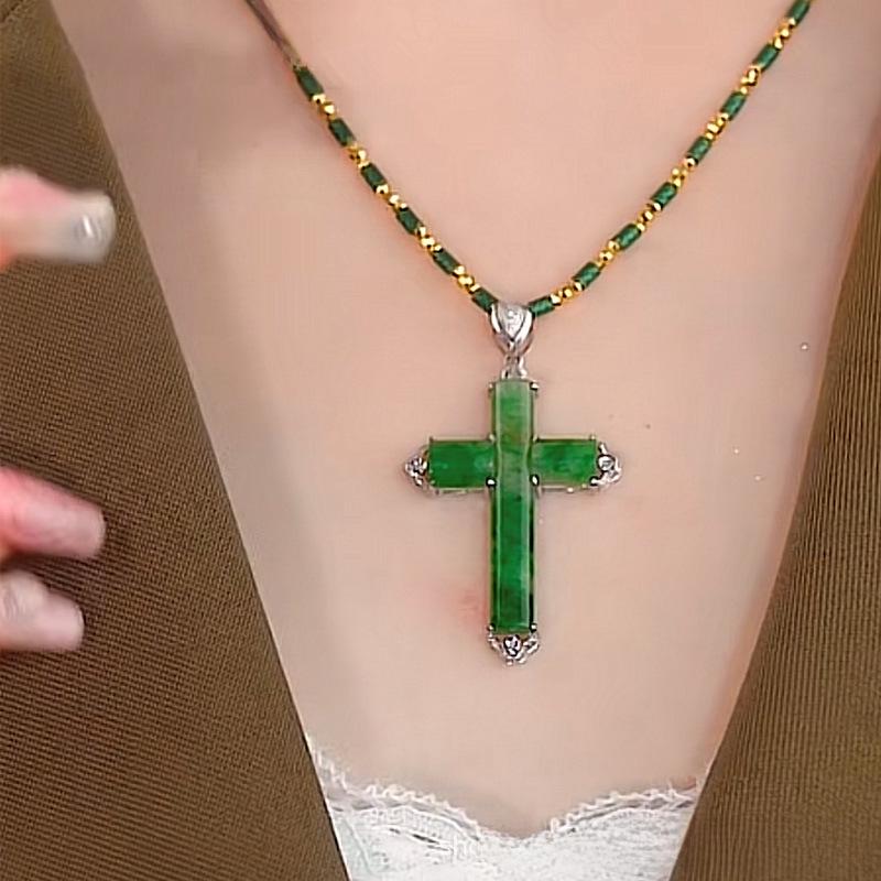 2023 Imitation Jade & Diamond Cross Pendant Necklace, Green Gold-Plated