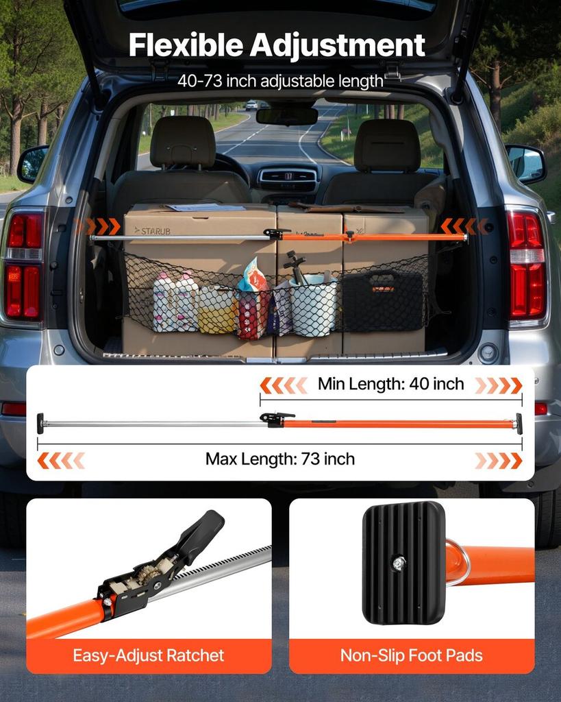 Cargo Bar, Ratcheting Cargo Bars Adjustable from 1016mm to 1854mm, Heavy-duty Steel Cargos Stabilizer with Storage Net & Divider Bar, Telescoping Load