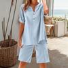 Комплект из 2 предметов из хлопка и льна для женщин, короткий рукав, V-образный вырез, широкие шорты, летний повседневный свободный комплект для отдыха