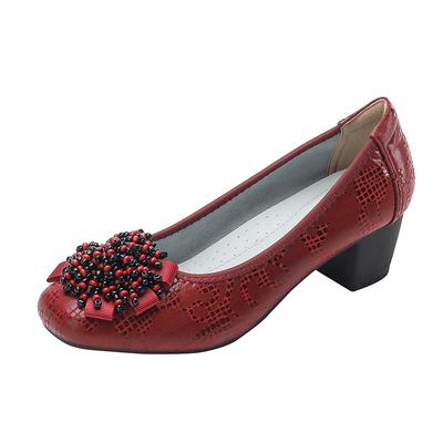 Модная женская обувь Весна Новые туфли на толстом каблуке из коровьей кожи с мелким вырезом, одинарные туфли с принтом и бисером, свадебная вечеринка, модные женские туфли-лодочки