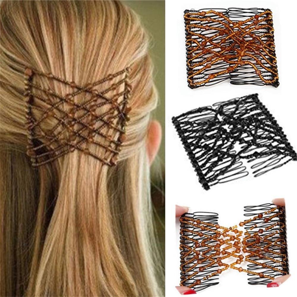 Fashion Woman Double Clip DIY Elastic Headband Bun Hair Combs Beads Comb Metal Hairpins