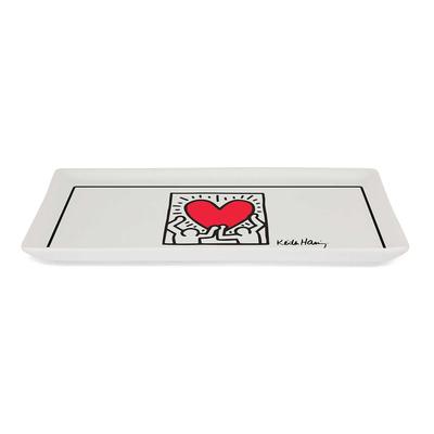 [R6889] - Фарфоровый поднос 'Keith Haring' белый красный (танцоры-сердце) - 19x9см