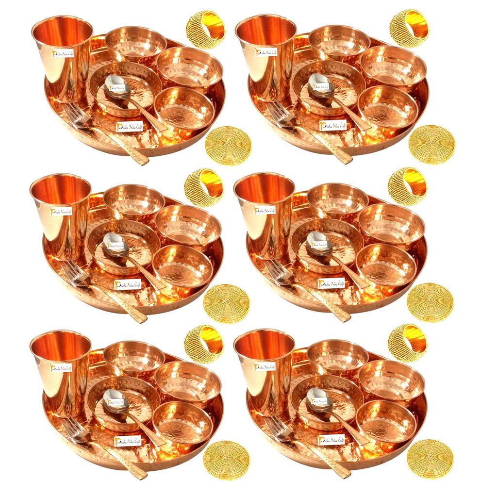 Prisha India Craft Set of 6 Traditional Indian Dinnerware Pure Copper Dinner Set of Thali Plate, Bowl, Spoon, Fork, Glass - Dia 12 Inch