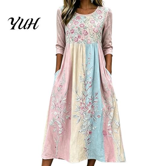 Trendy Autumn Floral Midi Dresses Long Sleeve Dress, Women Cottagecore Waist Cinching Body Shaping Slim Fit Dress for Vacation Street Party