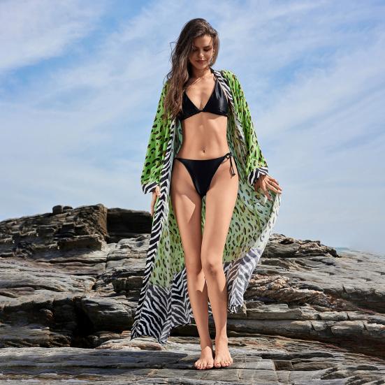 Женский пляжный кардиган с леопардовым принтом, длинный рукав, свободный крой, легкий купальник-бикини с открытым передом, средней длины, пальто