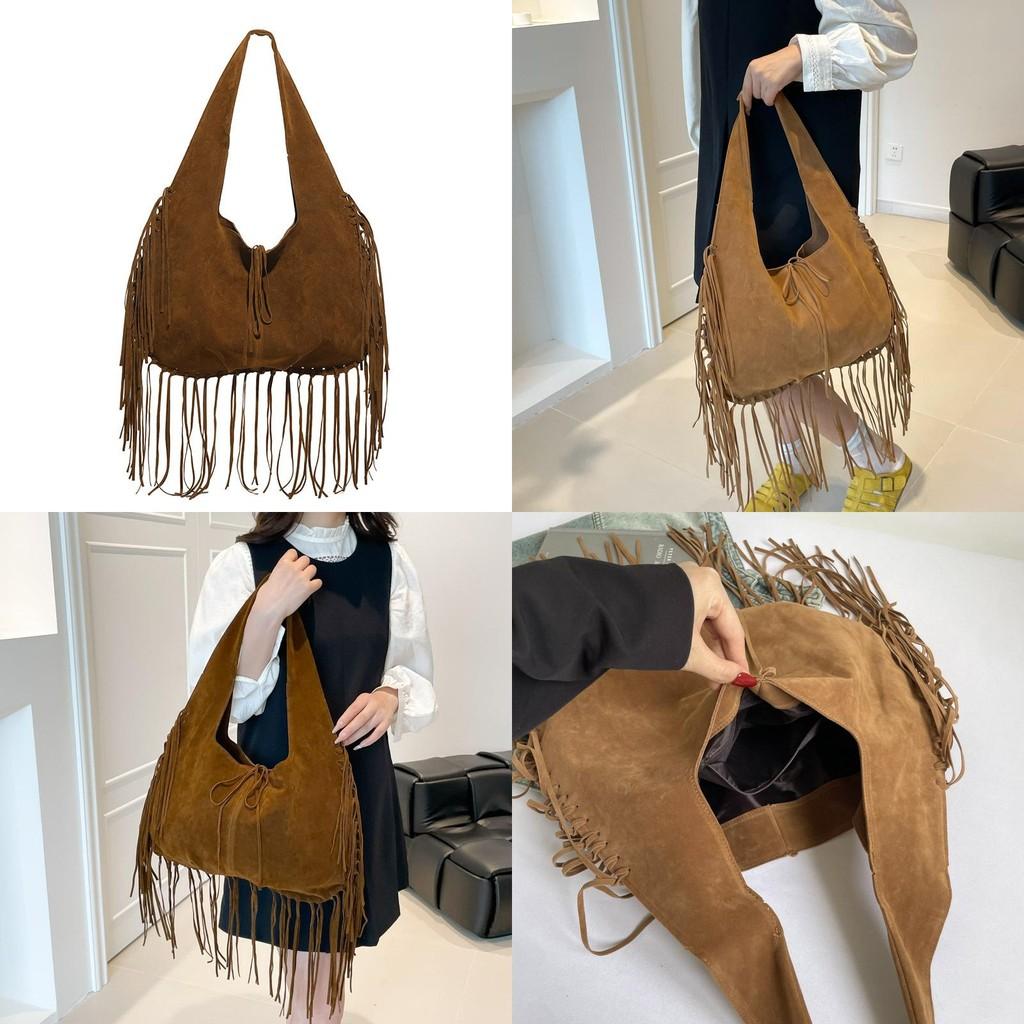 Vintage Suede Shoulder Tote Bag With Tassel Design And Solid Color For Daily Use