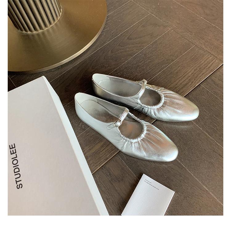 Версия из коровьей кожи~ кожаные плиссированные туфли на плоской подошве в стиле ретро для бабушки, серебристые туфли Мэри Джейн на мягкой подошве, женские туфли-лодочки, балетки