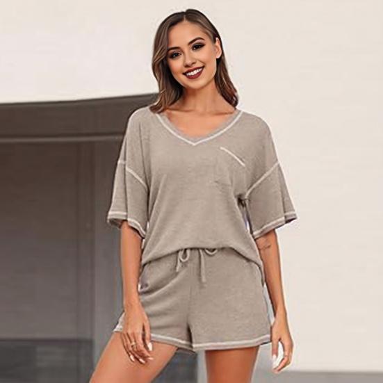 2 шт./компл. женский топ с шортами, комплект трикотажной вафельной текстуры с короткими рукавами, V-образным вырезом, дышащий, свободный, на шнурке, с эластичной резинкой на талии, домашняя одежда, спортивная одежда, лето