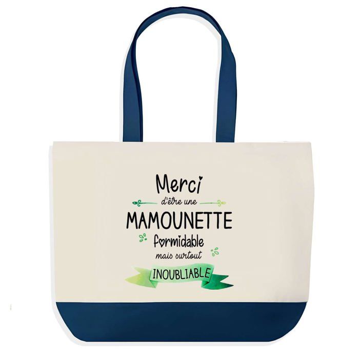 Sac shopping - PLANETEE - Sac fond bleu Merci Mamounette - Coton 40x45 cm - Grand format - Fabriqué en France