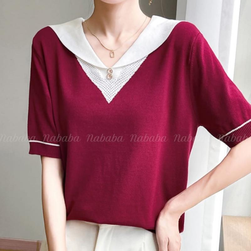 Navava Women Color Block PoinT Collar ShorT Sleeve KniT T shirT Nk3029
