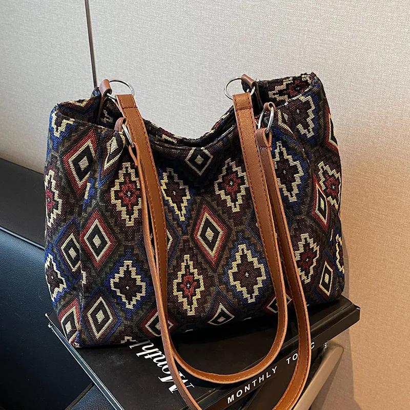 WTEMPO Этнический стиль Большие вместительные холщовые сумки Повседневные универсальные сумки через плечо Женские сумки для поездок на работу с принтом