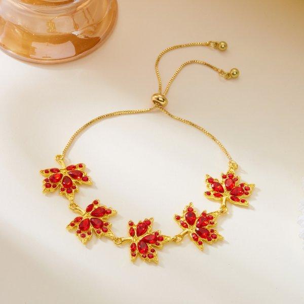 Korean Style Luxury Red Zircon Maple Leaf Beads Bracelet for Women Golden Chain Party New Plant Year Accessory Gift