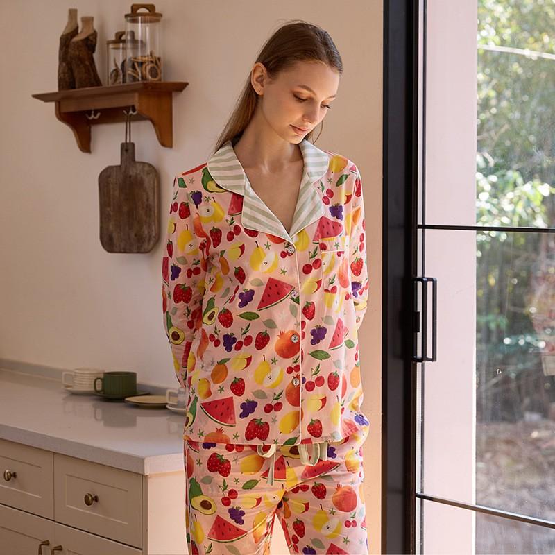 Womens Cotton Pajama Set Long Sleeve Lapel Top Pants Lightweight Fall Home Wear Outfit
