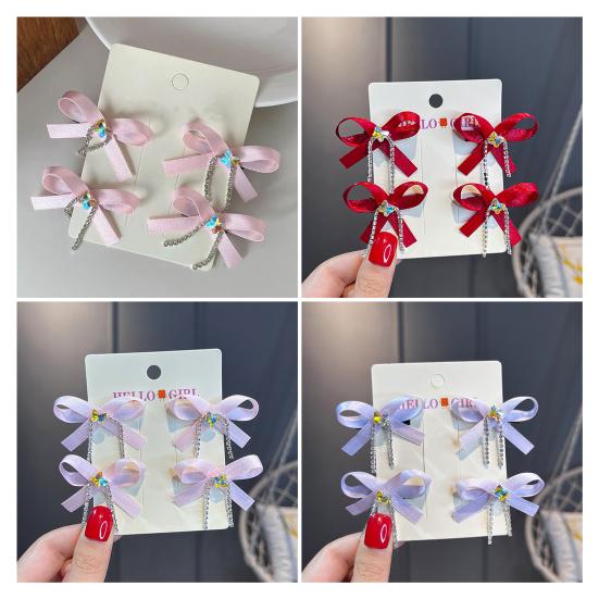 2Pcs Hairpin Soft Ribbon Bowknot Decor Smooth Edges No Hair Pulling Rhinestone Bow Chain Tassels Hair Clip Kids Hair Accessories