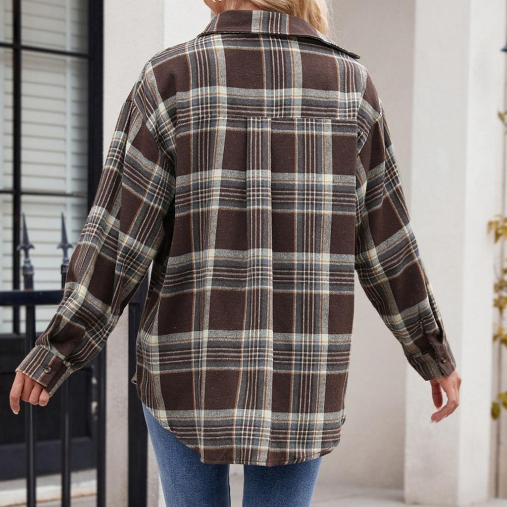 Женская модная широкая клетчатая куртка-рубашка на пуговицах с длинными рукавами