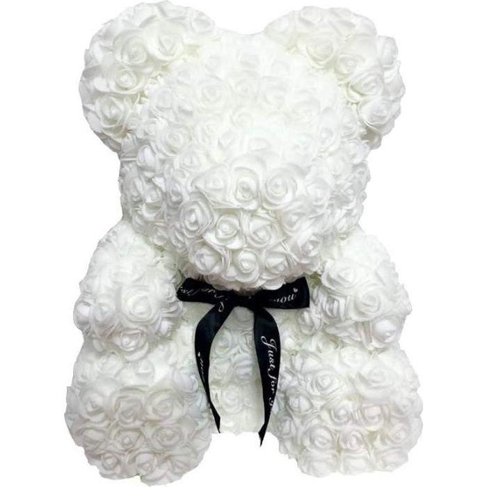 Décoration Artificielle - Rose Ourson - 25cm - Blanc - PE - Cadeau Anniversaire Saint Valentin
