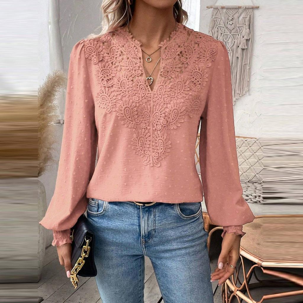 Женская модная однотонная кружевная футболка с v-образным вырезом и длинными рукавами