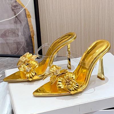 Модный роскошный дизайн золотой цветок тонкий каблук шлепанцы женские сексуальные острый носок ПВХ прозрачный узкий ремешок босоножки на каблуке летние шлепанцы каблуки