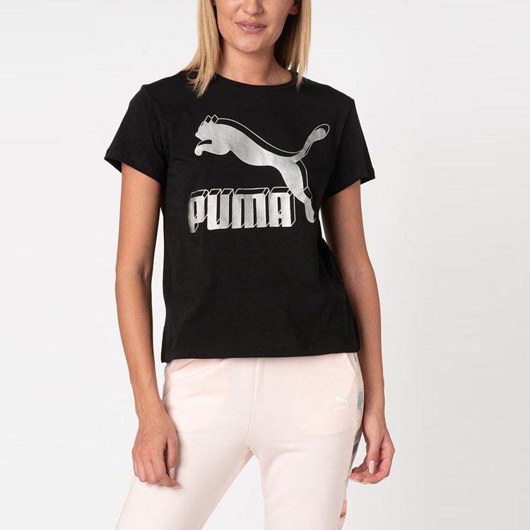 (WMNS) PUMA Classics Logo Tee Large Logo Short Sleeve Black Women's 596512-71